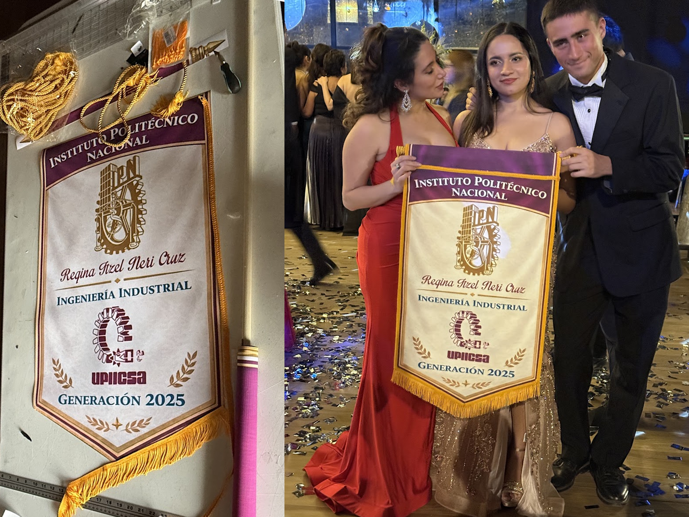Custom college graduation pennant with bullion fringe, tassels, and ornamental cord.